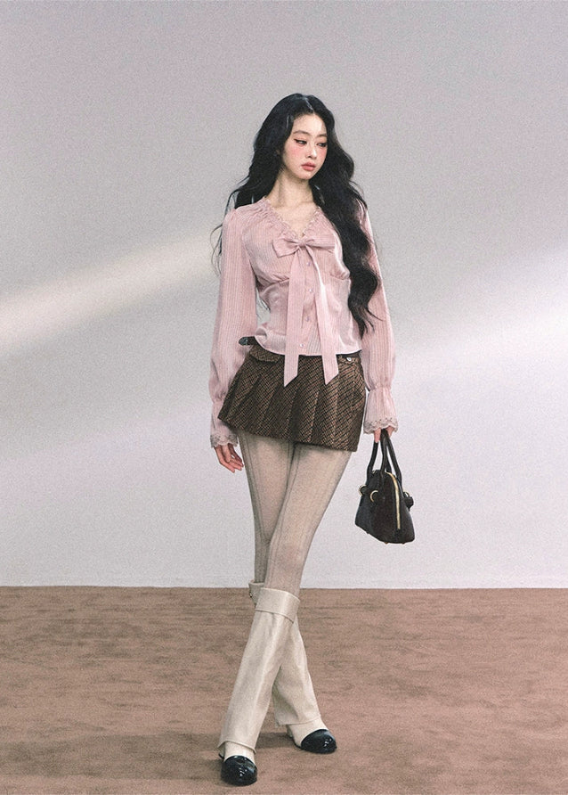 french bow blouse women, striped lace shirt, pink ribbon top slim fit, autumn long sleeve blouse, high end french shirt women, fw25 lace bow blouse, satin bow top women, slim striped blouse, romantic lace ruffle shirt