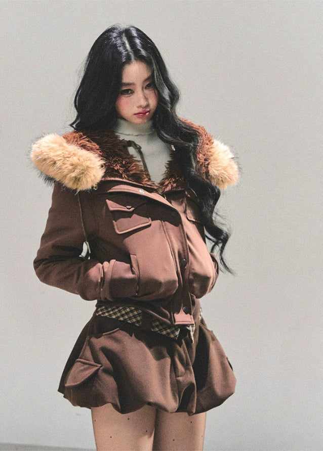 lambswool hooded jacket women, british style winter coat, ivory fur hood jacket, brown plush winter jacket, edelweiss fur coat, warm long sleeve winter top, korean winter hooded coat, fw25 plush jacket, lambcore hooded coat women