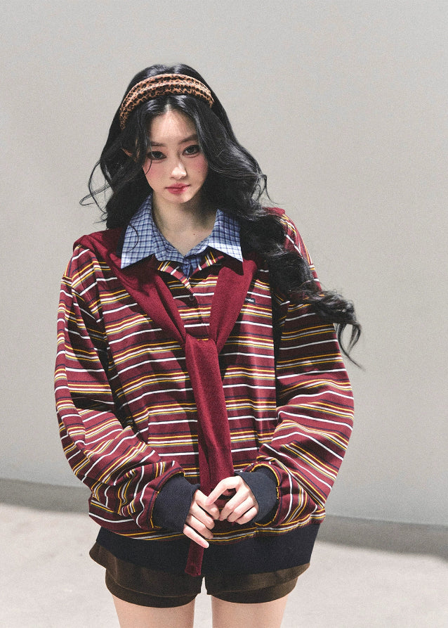 striped polo shirt women, fake two piece top, american style striped tee, layered polo collar shirt, autumn winter striped top, preppy stripe long sleeve, fw25 layered shirt women, korean retro stripe top, oversized stripe polo tee