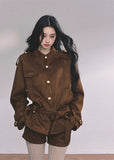suede jacket set, suede two piece outfit, brown suede coat women, korean fashion suede set, fall winter suede suit, belted suede jacket, luxury suede co ord, trendy korean two piece outfit, soft suede autumn set, street style suede look, elegant suede jacket and shorts, boutique suede outfit women, suede utility jacket set, women's suede matching set
