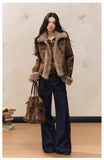 Retro coat brown slim fur splicing coat