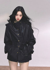 pu leather jacket women, british style moto coat, belted faux leather jacket, autumn winter leather top, cool wind motorcycle jacket, black brown pu jacket, fw25 street outerwear, loose fit leather jacket women, military button pu coat