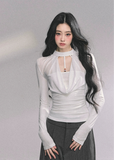 sexy drape top, fake two piece top, mesh layered top, baddie aesthetic top, pure desire outfit, korean fashion top, korean streetwear women, chic black top, white drape top, fall fashion women, trendy women's tops, clubwear top, elegant draped blouse, gothic chic top, long sleeve sexy top, cut out neckline top, Y2K baddie style, womens fall tops 2025, korean american fashion, off shoulder style top