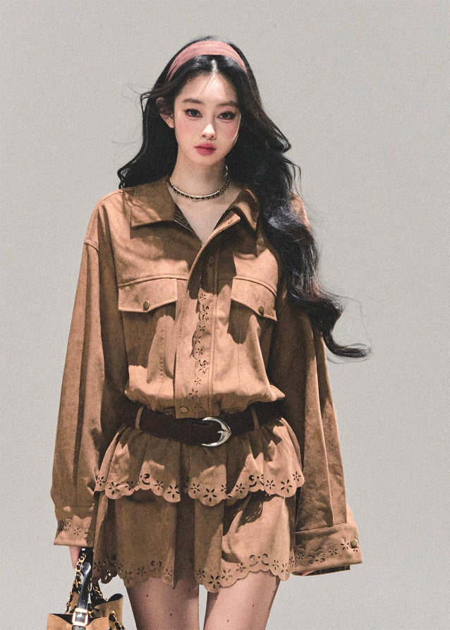 suede shirt dress women, faux two piece dress, brown cowhide dress, lace hem mini dress, autumn winter shirt dress, american suede style dress, browncore skirt dress, fw25 suede outfit, rustic suede mini dress, cutwork lace dress women