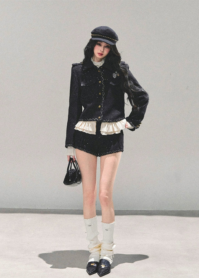 black tweed set women, winter three piece suit, rich daughter tweed outfit, noir tweed jacket and shorts, winter shorts set women, elegant tweed three piece, korean tweed fashion fw25, luxe black winter set, preppy tweed shorts suit