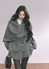 reversible wool coat women, french style wool jacket, draped shawl wool coat, winter warm woolen coat, grey wrap wool coat, loose wool jacket autumn winter, fw25 wool outerwear, double sided wool coat, elegant winter coat women