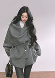 reversible wool coat women, french style wool jacket, draped shawl wool coat, winter warm woolen coat, grey wrap wool coat, loose wool jacket autumn winter, fw25 wool outerwear, double sided wool coat, elegant winter coat women
