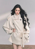 french wool coat women, english style wool jacket, ivory belted winter coat, oversized slimming wool coat, high end woolen coat women, fw25 winter outerwear, loose wool wrap coat, korean ivory wool coat, elegant winter wool jacket