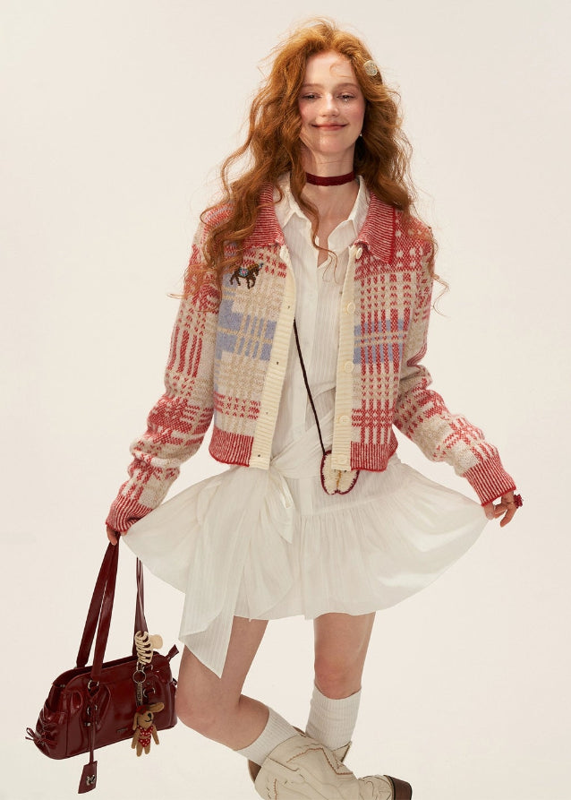 pony plaid cardigan women, red check knit sweater jacket, cute core plaid knitwear 2025, korean soft street cardigan, gentle sweet knit jacket, vintage red plaid cardigan, fall winter 2025 knit top, kawaii pony cardigan outfit, nowa tokyo soft girl fashion