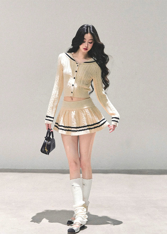preppy knit set women, winter cardigan skirt set, cable knit two piece outfit, ivory knitted suit, soft girl winter set, preppy mini skirt outfit, fw25 knit twinset, korean winter fashion two piece, warm knit skirt set women