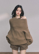 off shoulder sweater, oversized knit sweater, chunky knit top, fall winter knitwear, Korean fashion sweater, trendy off shoulder top, loose fit sweater women, cable knit pullover, Nordic style sweater, street style knit top, Korean American fashion, cozy winter sweater, wide neck sweater, casual oversized top, elegant french knitwear