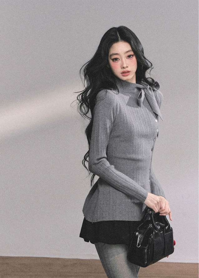 bow knit top, ribbon collar knit shirt, long sleeve knit cardigan women, french style knit top, korean bow sweater, slim fit winter knit top, elegant ribbon blouse, soft knit bow cardigan, layered knit top women, preppy bow collar top, winter knitted blouse, gray knit cardigan top