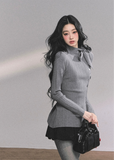 bow knit top, ribbon collar knit shirt, long sleeve knit cardigan women, french style knit top, korean bow sweater, slim fit winter knit top, elegant ribbon blouse, soft knit bow cardigan, layered knit top women, preppy bow collar top, winter knitted blouse, gray knit cardigan top