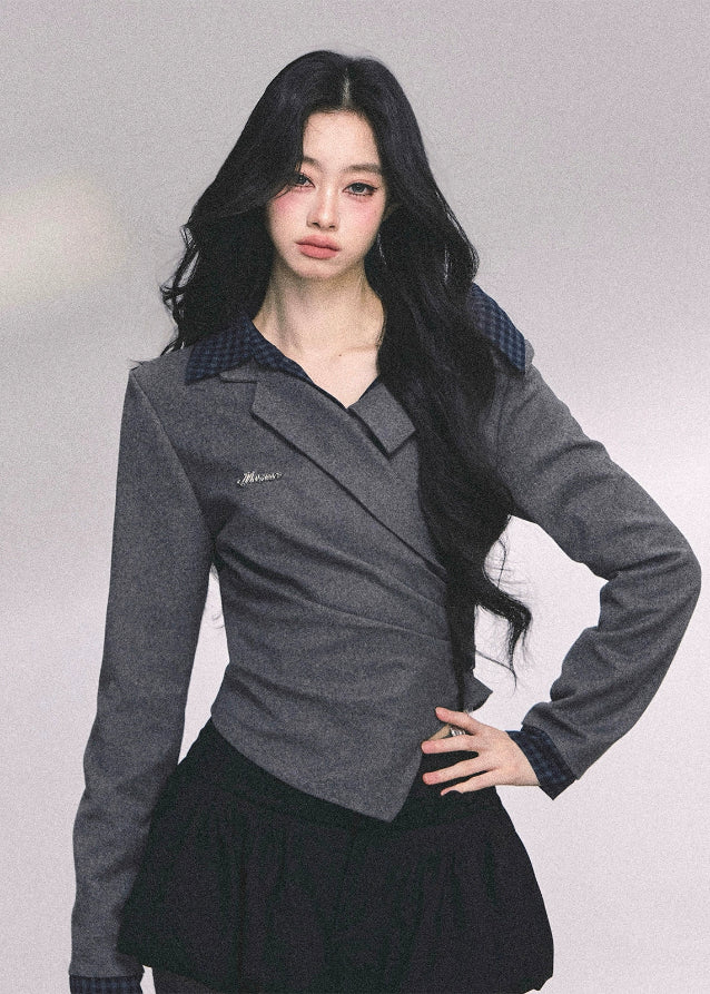 fake two piece polo top, plaid collar long sleeve shirt, schoolgirl style top women, autumn slim fit polo, wrap design knit top women, academia plaid shirt, fw25 preppy top, waist slimming shirt women, australian preppy outfit