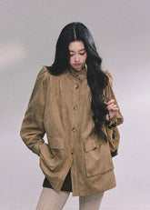 suede jacket women, belted suede coat, stand collar suede top, fall winter suede blazer, korean fashion outerwear, french style jacket, mocha brown jacket, loose suede coat women, trendy suede outfit, soft suede blazer, autumn winter fashion women, korean american street style, chic brown coat women