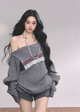 off shoulder knit sweater women, preppy lace sweater, british style grey knit, slanted shoulder knit top, loose winter pullover, fw25 preppy knit, lace inset sweater, american preppy sweater women, gray off shoulder top