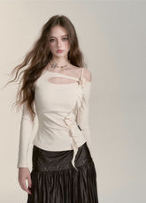 리본 원숄더 슬림 티셔츠