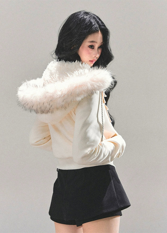 lambswool hooded jacket women, british style winter coat, ivory fur hood jacket, brown plush winter jacket, edelweiss fur coat, warm long sleeve winter top, korean winter hooded coat, fw25 plush jacket, lambcore hooded coat women