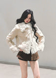 french fur jacket women, ivory plush winter coat, integrated fur cotton coat, warm winter padding jacket, soft girl winter outerwear, shearling style coat women, fw25 warm plush jacket, korean winter coat, cold protection jacket women