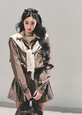plaid shirt dress women, faux two piece dress, preppy plaid mini dress, american style check dress, winter shirt dress women, pleated plaid mini, brown plaid outfit, fw25 plaid fashion, layered look dress women, korean preppy dress