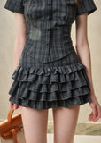 그린 체크 인형 칼라 셔츠 & 퍼프 스커트 세트