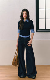 Round neck long sleeve slim sweater blue with plaid shirt