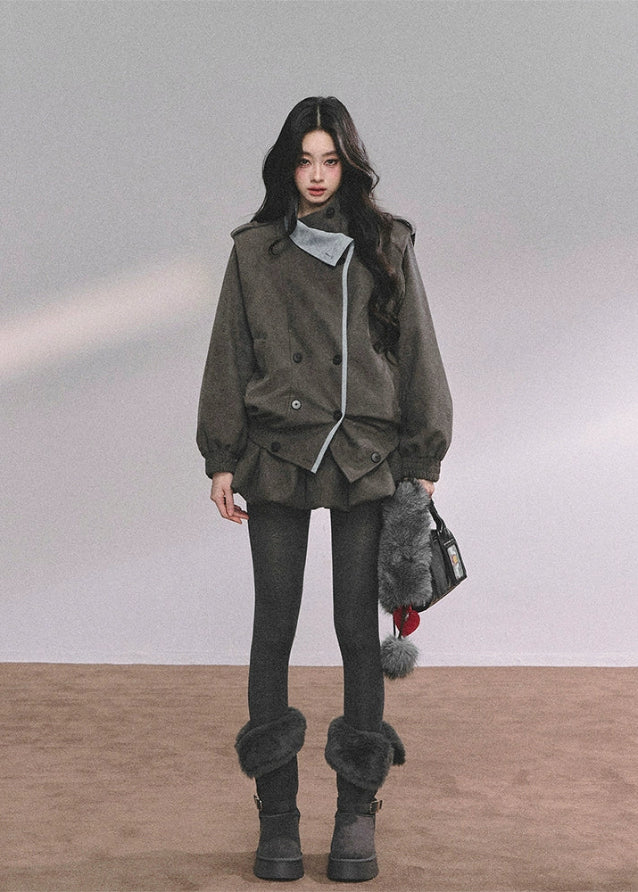 French wool suit set, women's blazer two-piece, autumn blazer outfit, luxury wool skirt set, Korean fashion suit set, bud skirt outfit, fall winter two-piece set, elegant French style outfit, Korean American street style set, women's oversized blazer, soft wool jacket outfit, urban chic women's set, K-fashion wool blazer, boutique women's suit set, trendy fall skirt set, winter fashion two-piece, high-end women's blazer set