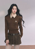 polo knit sweater, faux two piece sweater, cable knit top, slim fit knitwear, Korean style knit top, preppy polo sweater, fall winter knit sweater, layered look sweater, aesthetic knit top, casual polo knit, street style knitwear, French chic knit top, soft knit long sleeve, womens slim sweater, college style knitwear
