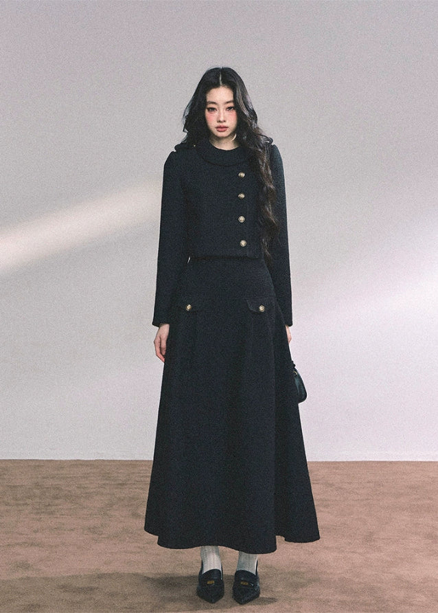 french two piece set women, miu style jacket set, noble lady outfit, autumn winter elegant set, kyoto rich daughter set, fw25 luxury two piece, black maxi skirt set, french cropped jacket outfit, elegant winter ensemble