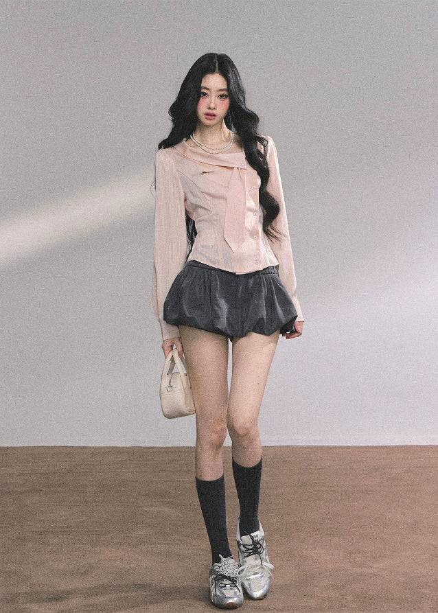 striped ribbon blouse, pastel stripe shirt women, korean girl ribbon top, french sweet blouse, commuter slim shirt, soft girl aesthetic blouse, autumn striped top women, elegant ribbon collar shirt, korean fashion blouse, feminine office top, light pink striped shirt, sweet style ribbon blouse, long sleeve stripe top women, cute pastel blouse, korean chic commuter top