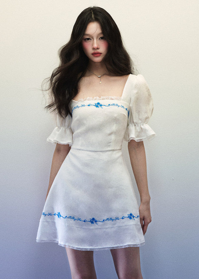 1P STUDIO White Linen Generous Collar Dress for Women Summer Blue Embroidered Horn Short Sleeve Hip Wrapping Short Skirt image 3