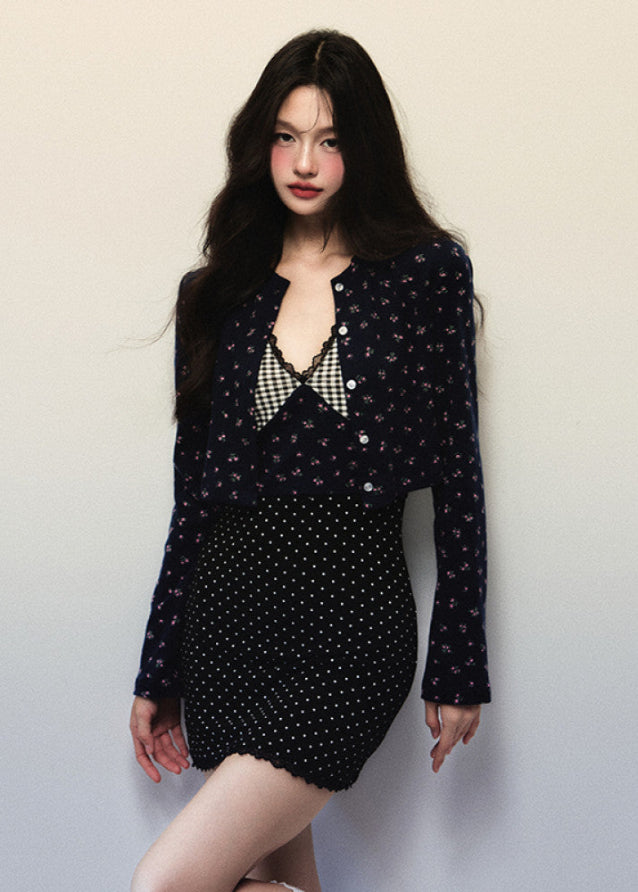 Plaid Polka Knit Cardigan Skirt Set image 3