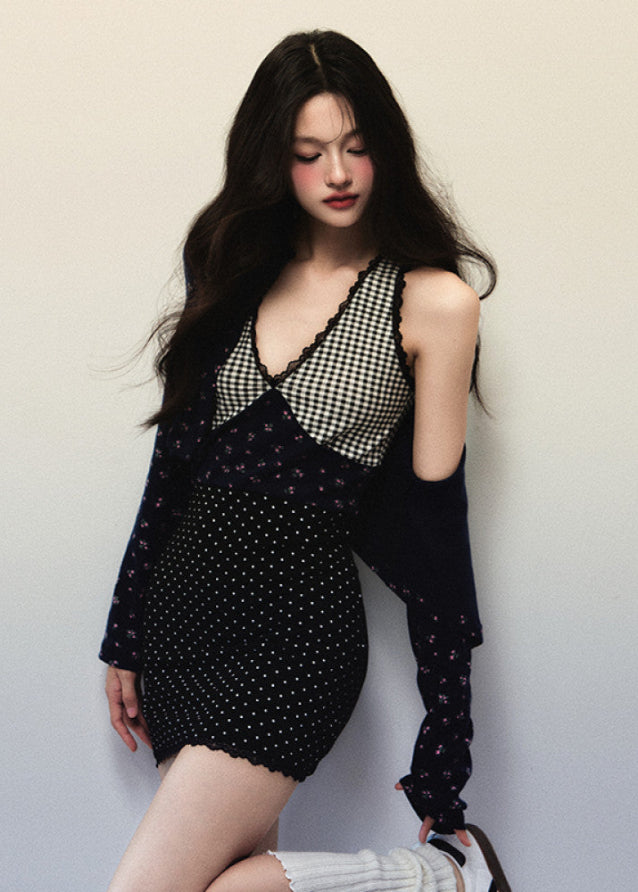 Plaid Polka Knit Cardigan Skirt Set image 4