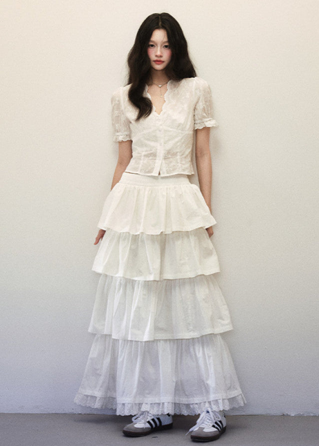White Lace Waist Shirt Cake Skirt Set image 5