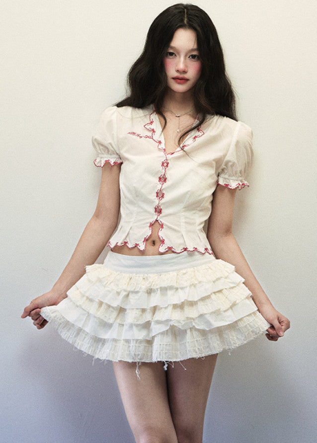 White Cotton Bow Lace Short Sleeve V Neck Shirt image 4