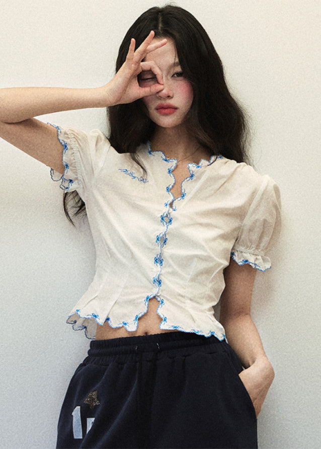 White Cotton Bow Lace Short Sleeve V Neck Shirt image 12