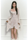 Beige Lace Square Collar Irregular Long Sleeve Dress image 4