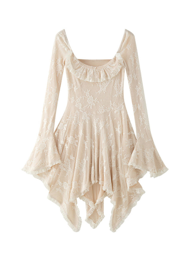 Beige Lace Square Collar Irregular Long Sleeve Dress image 5