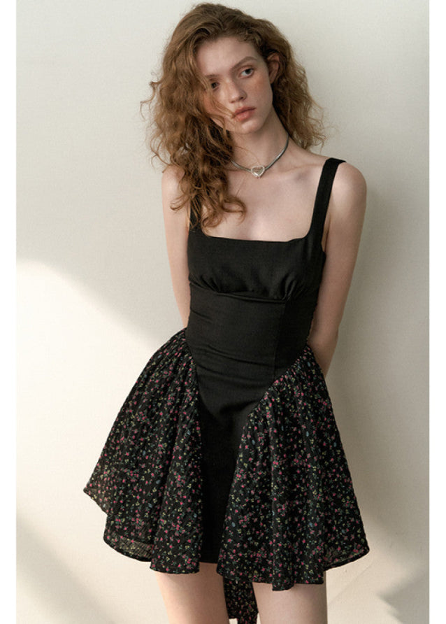 Black White Floral Patchwork Bow Strap Dress image 4