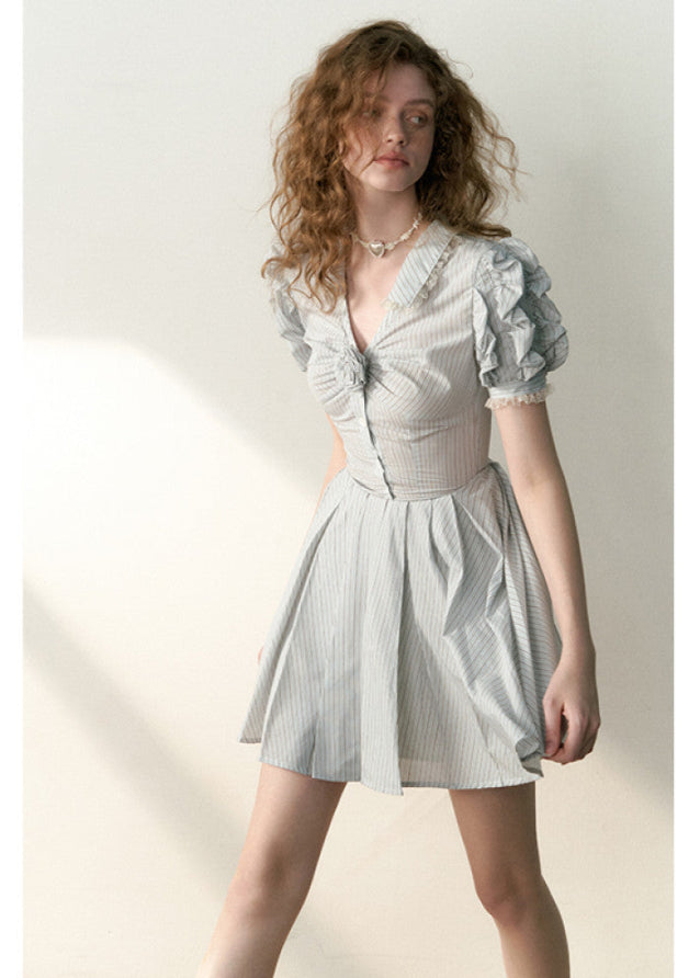 Blue Striped Bubble Sleeve Floral Pleated Dress image 2