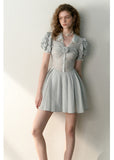Blue Striped Bubble Sleeve Floral Pleated Dress image 4