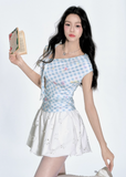 Blue Check One-Shoulder Tee