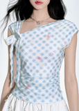 Blue Check One-Shoulder Tee