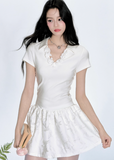 Polo Collar Flower Skirt Dress
