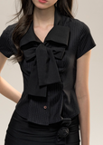 Black Stripe College Bow Tie Short Sleeve Shirt
