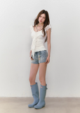 Lace Ribbon V-Neck Cinched Waist Top