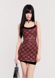 Red & Black Plaid Fake Two-Piece Suspender Dress