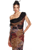 Fishtail printed mesh long dress