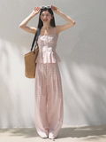 Silk Hemp Strap Grid Wide-Leg Pants Vacation Set