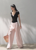 Silk Hemp Strap Grid Wide-Leg Pants Vacation Set